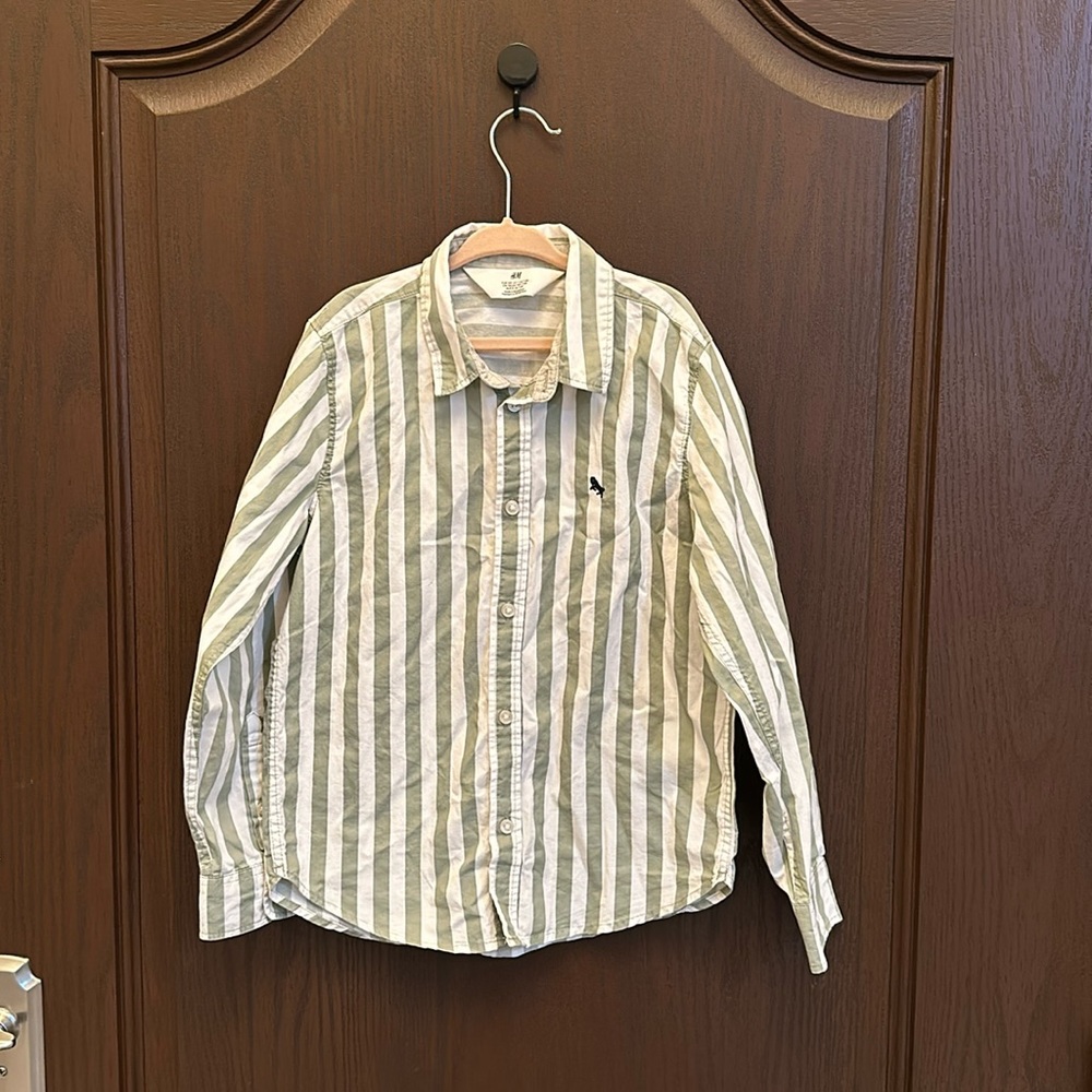 3/$25 H&M Boys Striped Button Down Shirt Green White Cotton Long Sleeve Shirt 7Y
